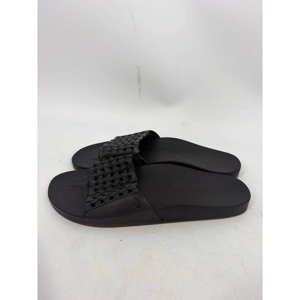 Women's Olukai Kamola Black Leather Woven Slides Sandals Size 10 - Picture 3 of 10